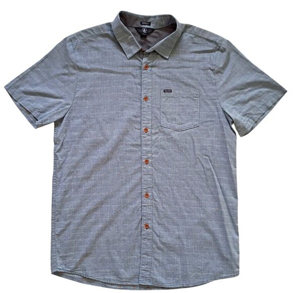 Volcom Men’s XL Button-Up Shirt Gray Blue Embroidered Dots Short Sleeve - Picture 1 of 11
